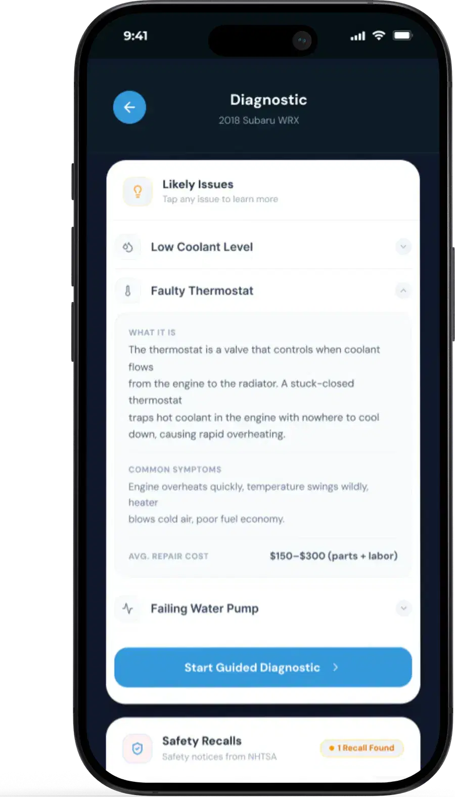 The Fixxr app showing likely issues from a diagnosis, each with a plain-English explanation and an average repair cost