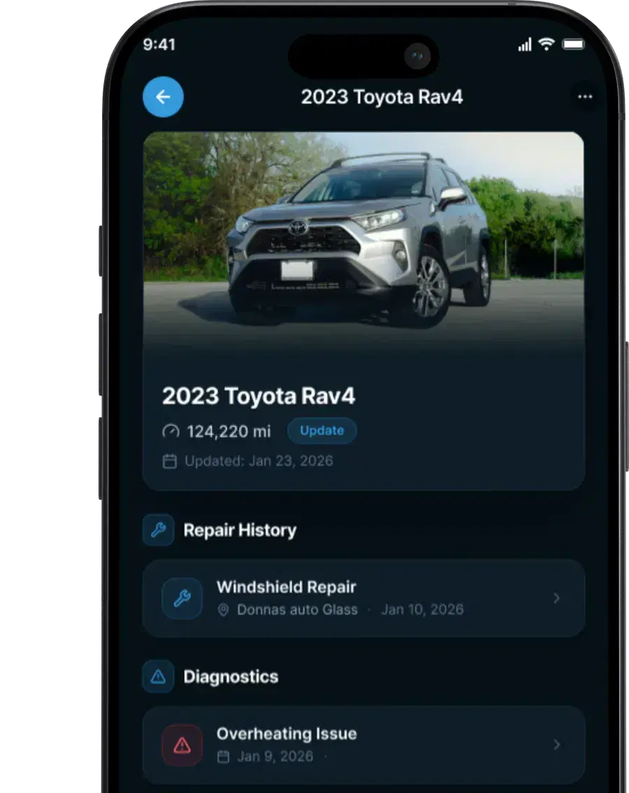 The Fixxr app showing a vehicle's service record with its repair history and diagnostics
