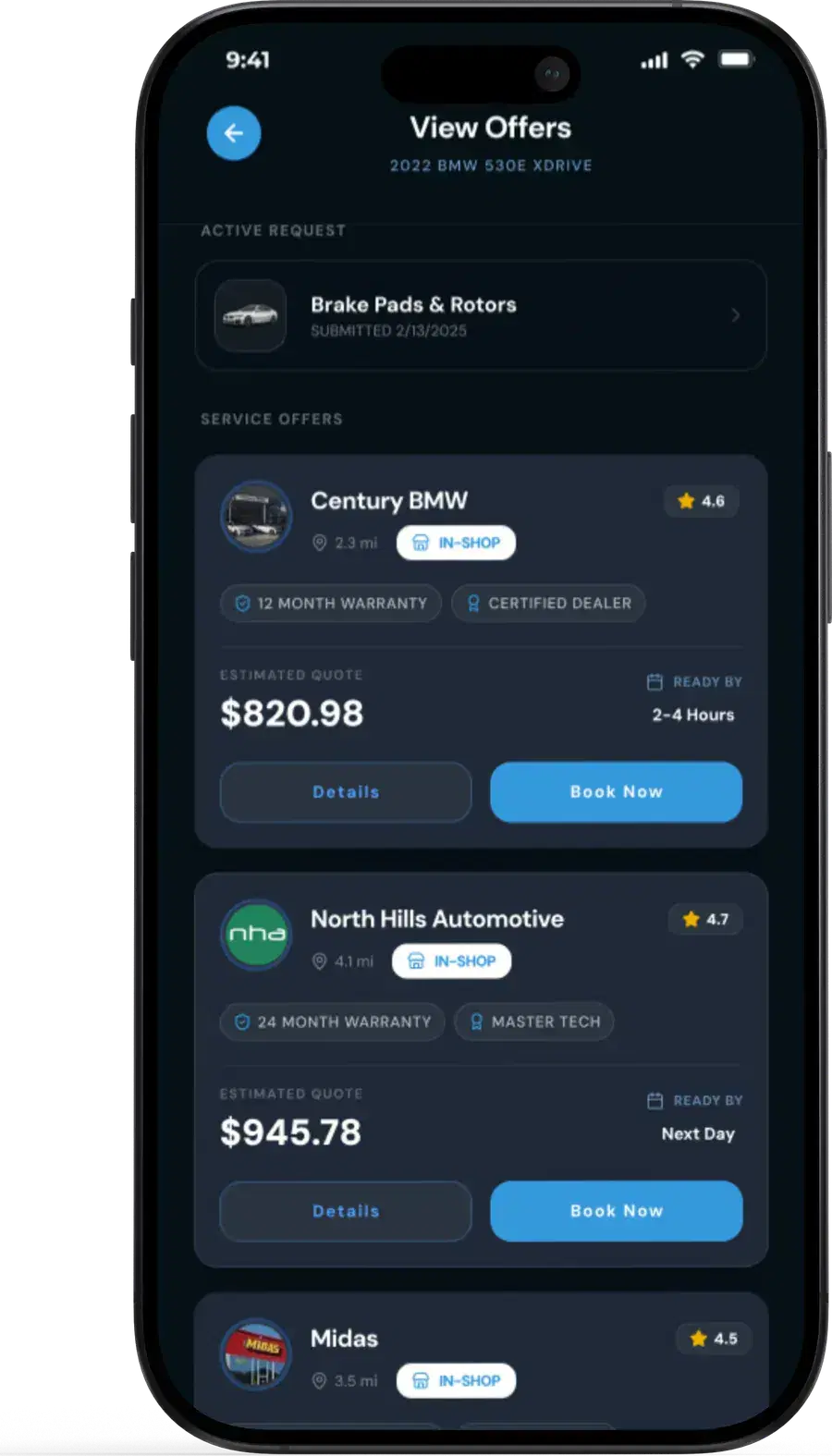The Fixxr app showing a real repair offer from a verified local shop, with a price, warranty, rating, and ready-by time