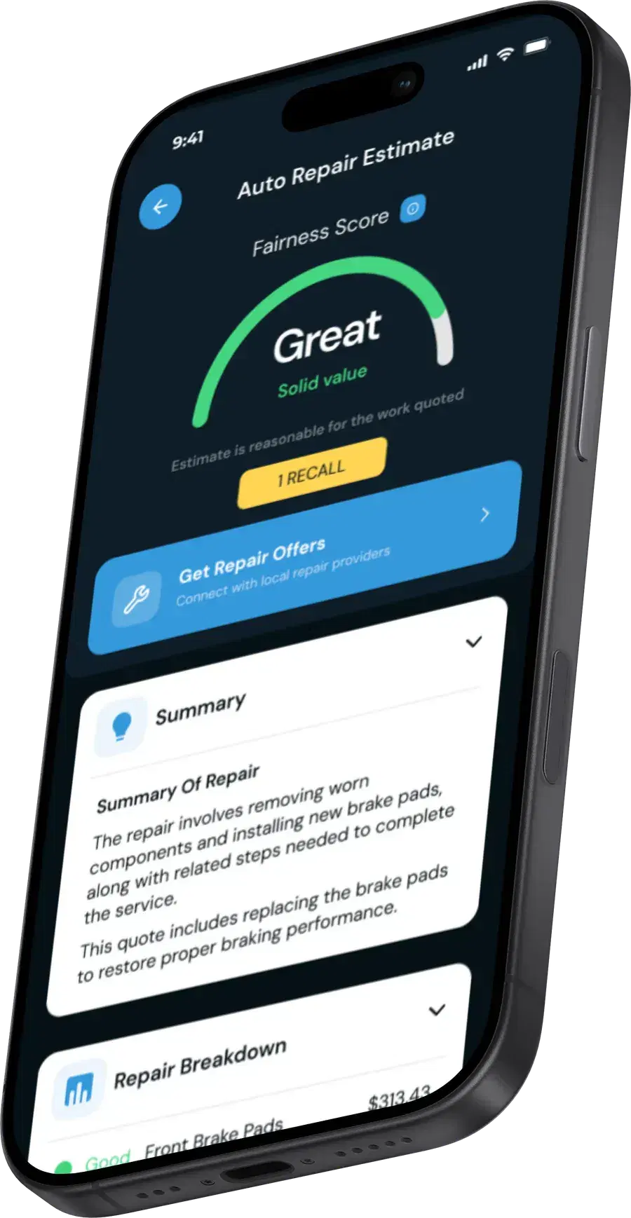 The Fixxr app showing an auto repair estimate with a Great fairness score