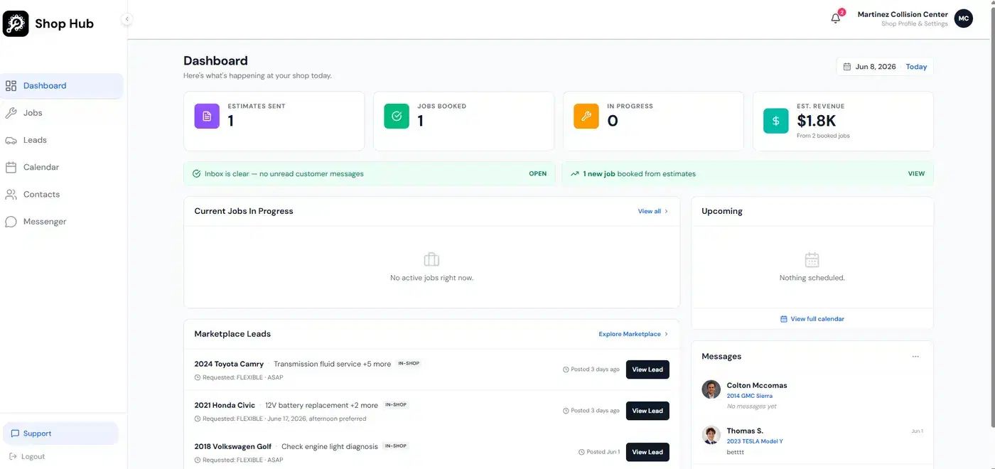 The Fixxr Shop Hub dashboard showing jobs, leads, and messages